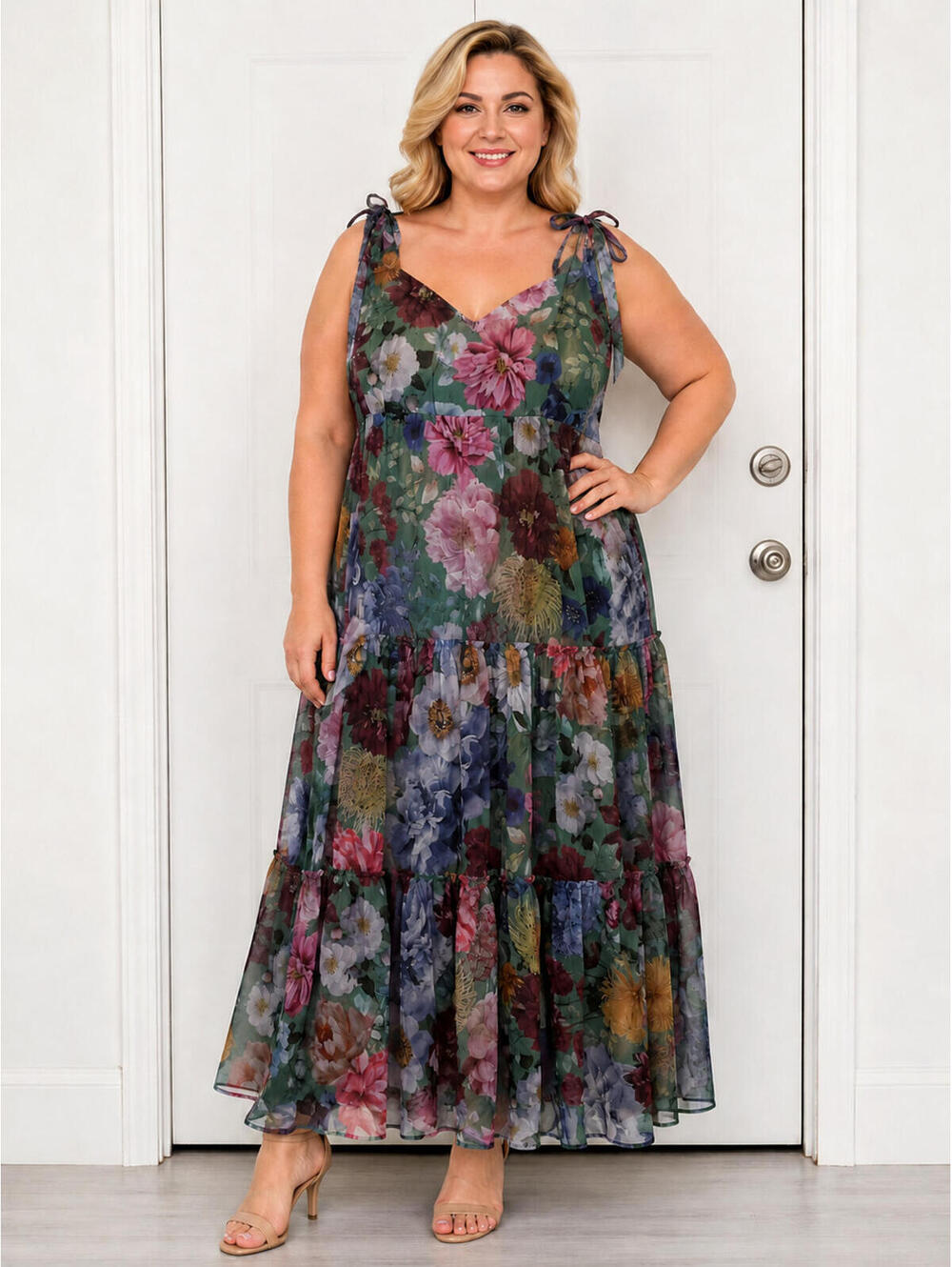 Floral Tiered Maxi Dress with Tie Straps - Green Multi